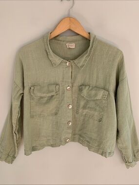Mus & Bombon Barcelona 100% Linen Relaxed  Fit Button Up Shirt Jacket Sage Green